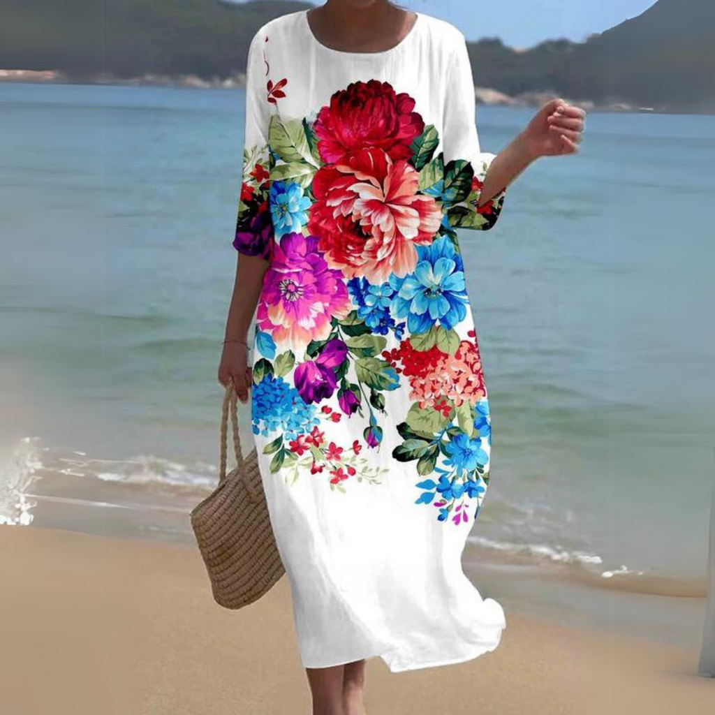 Damen Blumen Maxi Kleid Leichte Baumwolle 3/4 Ärmel Sommer Strand Freizeit — Image 21