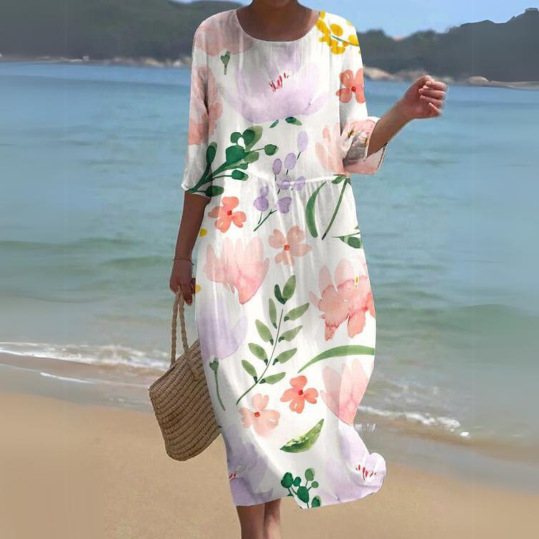 Damen Blumen Maxi Kleid Leichte Baumwolle 3/4 Ärmel Sommer Strand Freizeit — Image 22