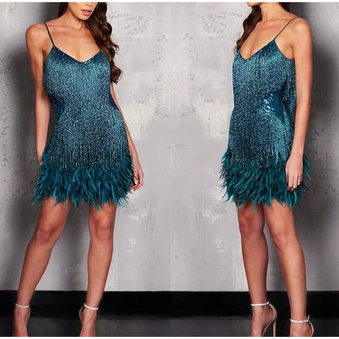 Lunara Damen Cocktailkleid Pailletten Fransen Federbesatz Elegant Partykleid Abendmode