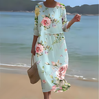 Damen Blumen Maxi Kleid Leichte Baumwolle 3/4 Ärmel Sommer Strand Freizeit — Image 13