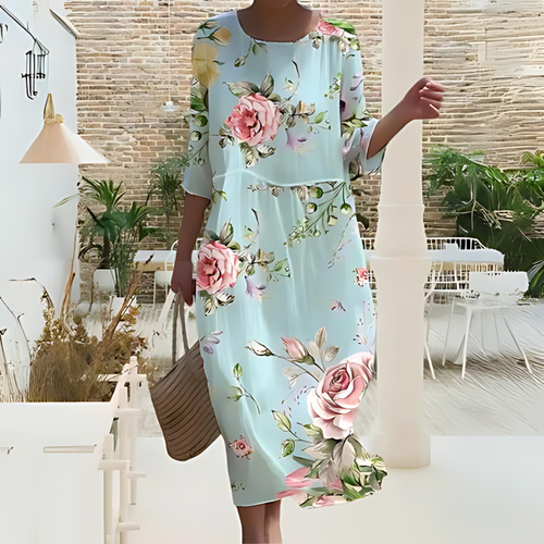 Damen Blumen Maxi Kleid Leichte Baumwolle 3/4 Ärmel Sommer Strand Freizeit — Main Image