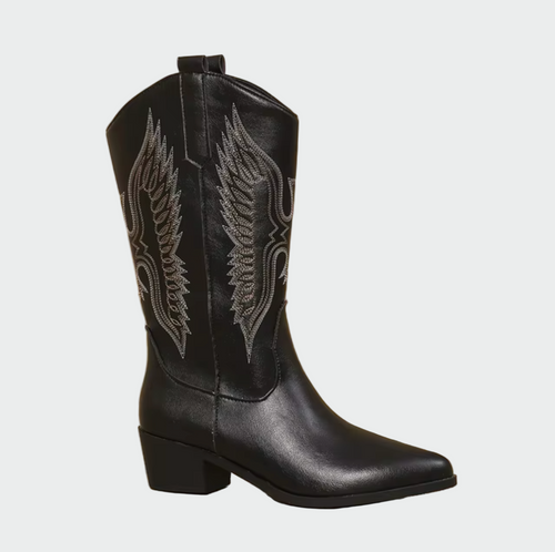 Damen Cowboy Stiefel Leder Stickerei Schwarz Braun Weiß Western — Main Image