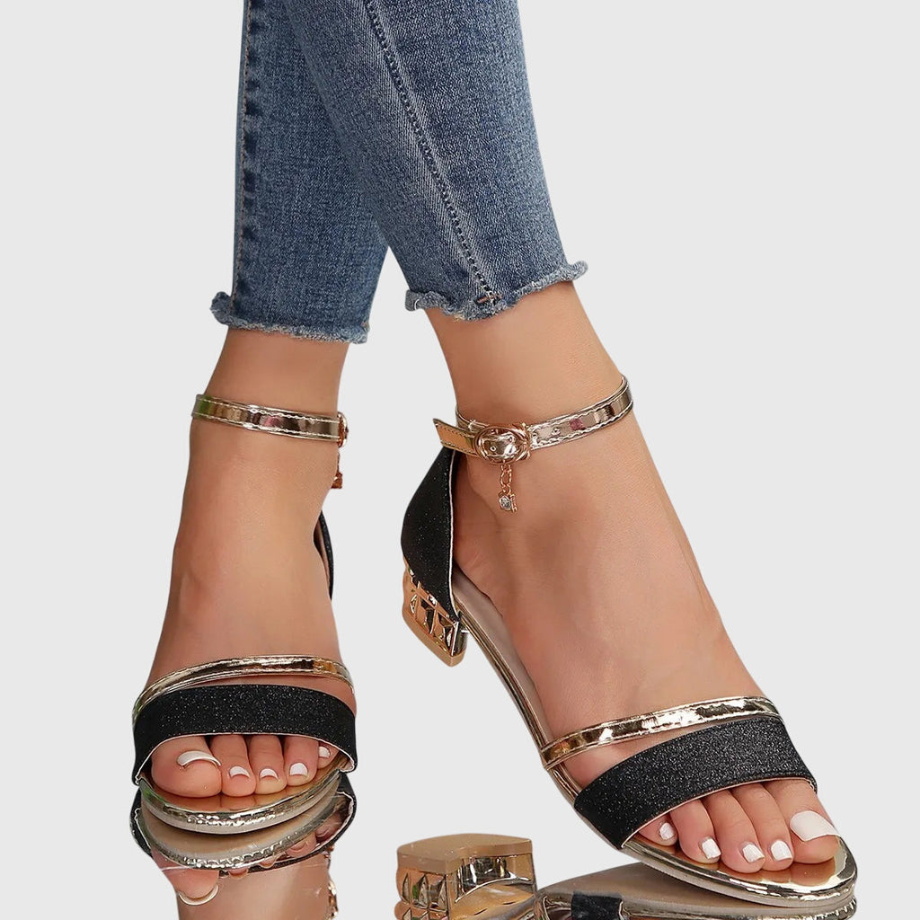 Lunara Damen Sandalen Glitzer Blockabsatz Knöchelriemen Metallisch