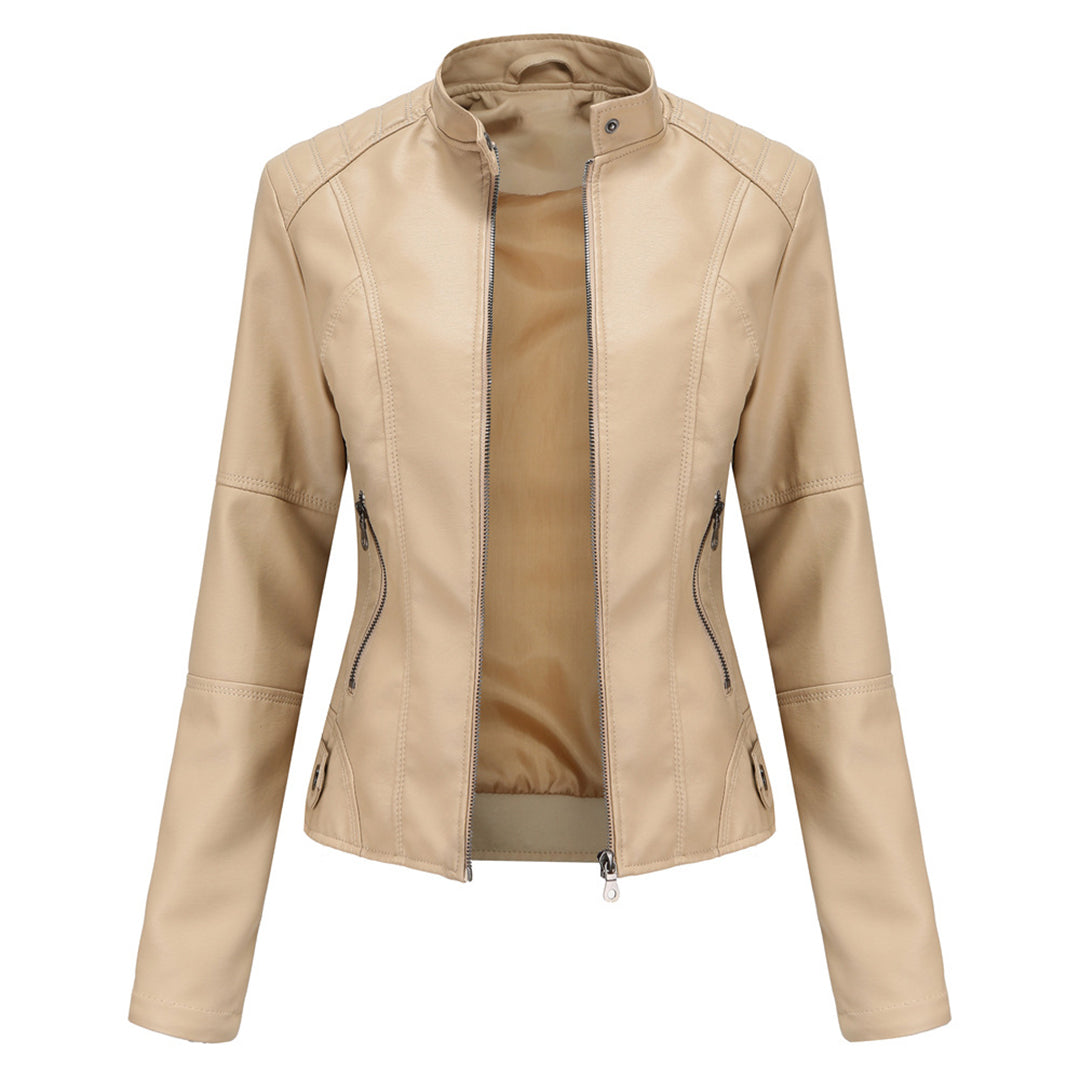 Marke Damen Bikerjacke Kunstleder Reißverschluss Stehkragen — Image 6