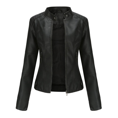 Marke Damen Bikerjacke Kunstleder Reißverschluss Stehkragen — Main Image