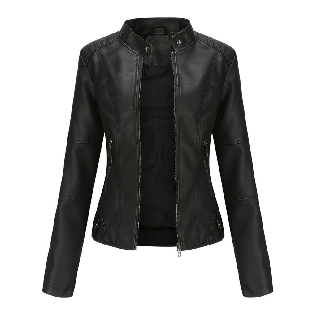 Marke Damen Bikerjacke Kunstleder Reißverschluss Stehkragen — Image 2