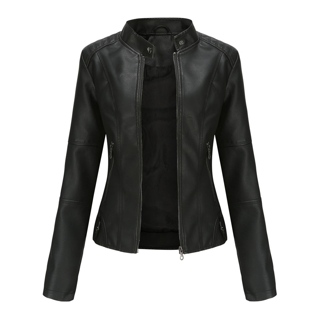 Marke Damen Bikerjacke Kunstleder Reißverschluss Stehkragen — Image 2