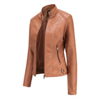 Marke Damen Bikerjacke Kunstleder Reißverschluss Stehkragen — Image 8
