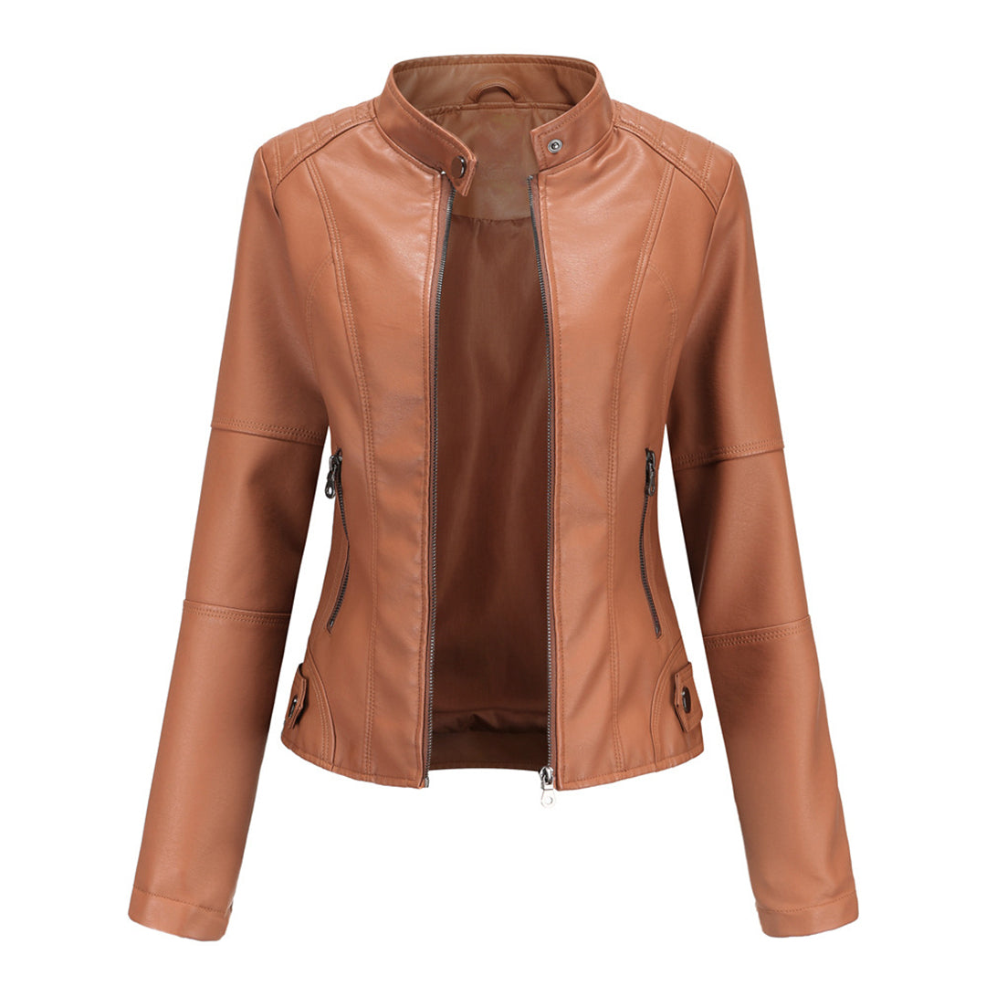 Marke Damen Bikerjacke Kunstleder Reißverschluss Stehkragen — Image 3