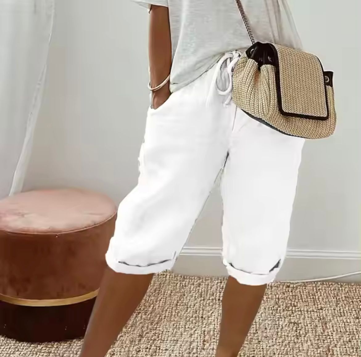 Damen Leinen Shorts Knielang mit Kordelzug und Taschen — Image 10