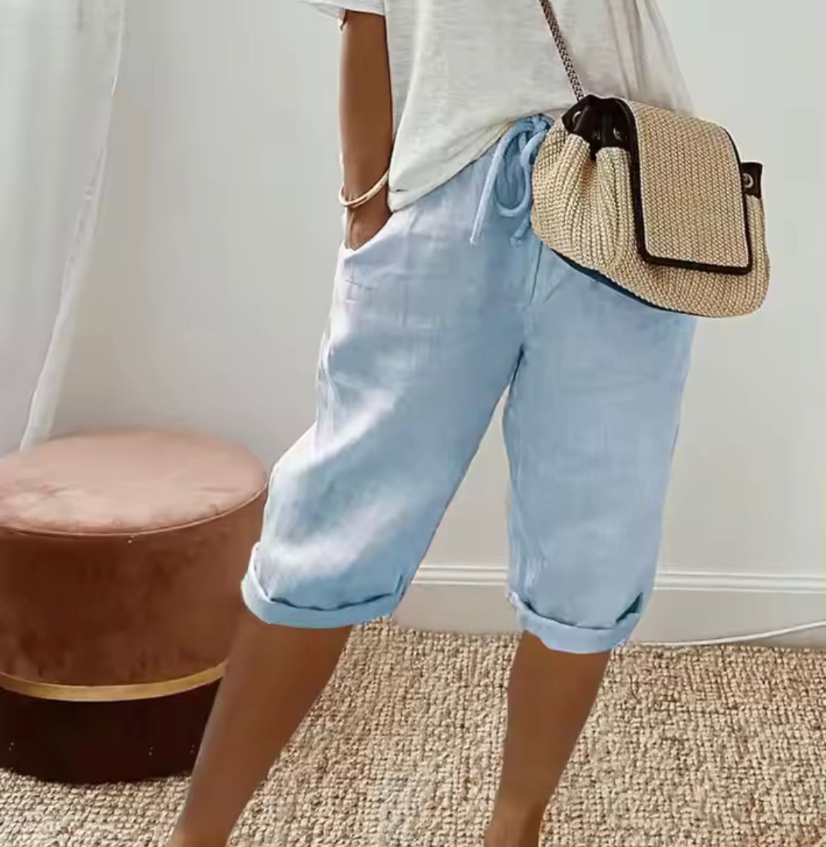 Damen Leinen Shorts Knielang mit Kordelzug und Taschen — Image 11