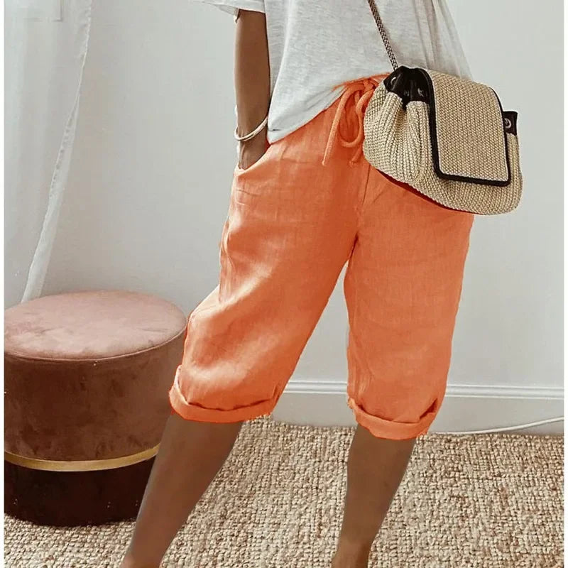 Damen Leinen Shorts Knielang mit Kordelzug und Taschen — Image 2