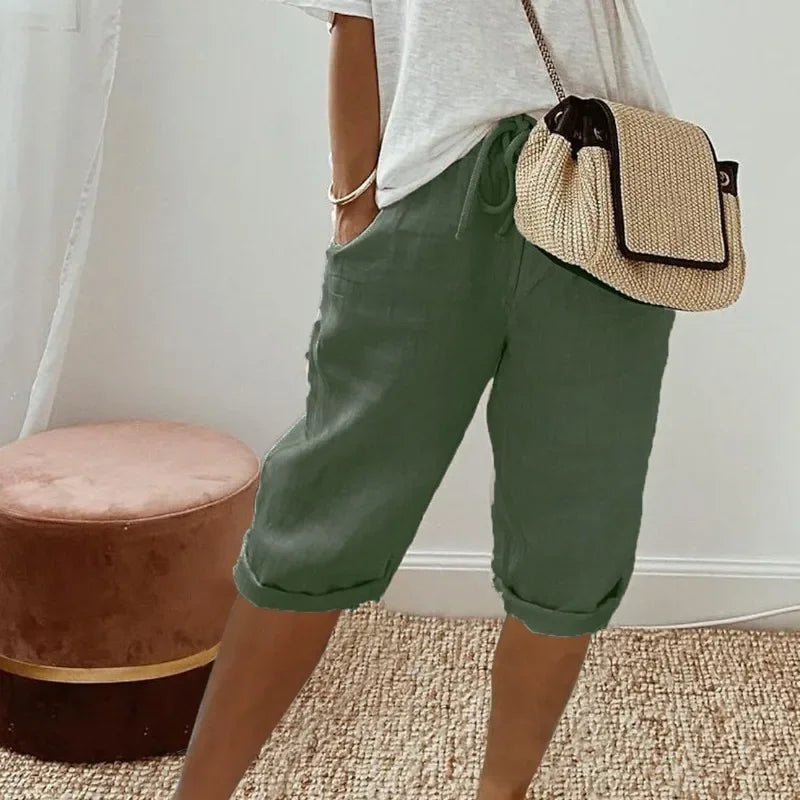 Damen Leinen Shorts Knielang mit Kordelzug und Taschen — Image 3