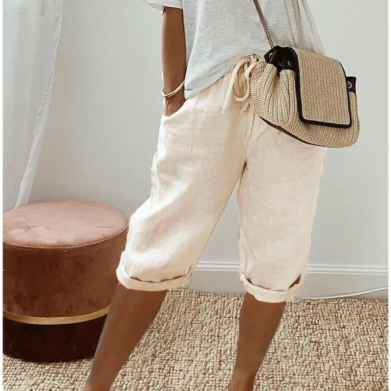 Damen Leinen Shorts Knielang mit Kordelzug und Taschen — Image 5