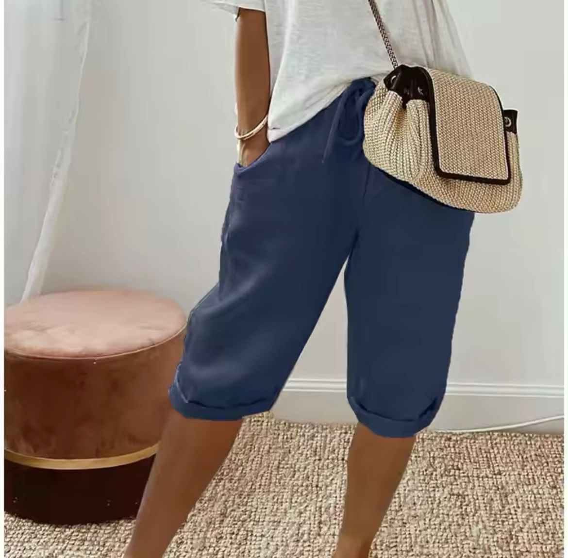 Damen Leinen Shorts Knielang mit Kordelzug und Taschen — Image 7