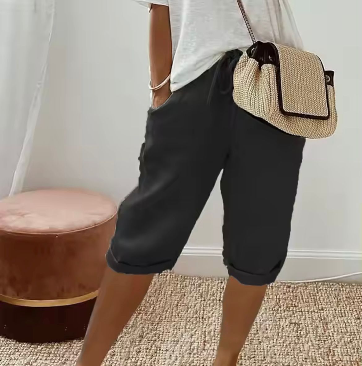 Damen Leinen Shorts Knielang mit Kordelzug und Taschen — Image 8