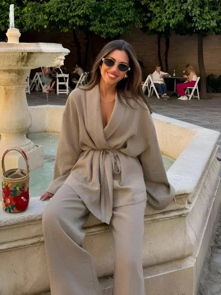 Marke Damen Lounge-Anzug aus Leinen mit Gürtel, Beige — Image 2