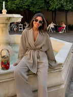 Marke Damen Lounge-Anzug aus Leinen mit Gürtel, Beige — Image 2