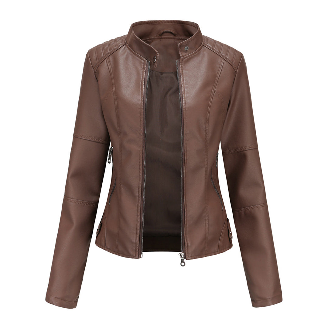 Marke Damen Bikerjacke Kunstleder Reißverschluss Stehkragen — Image 7
