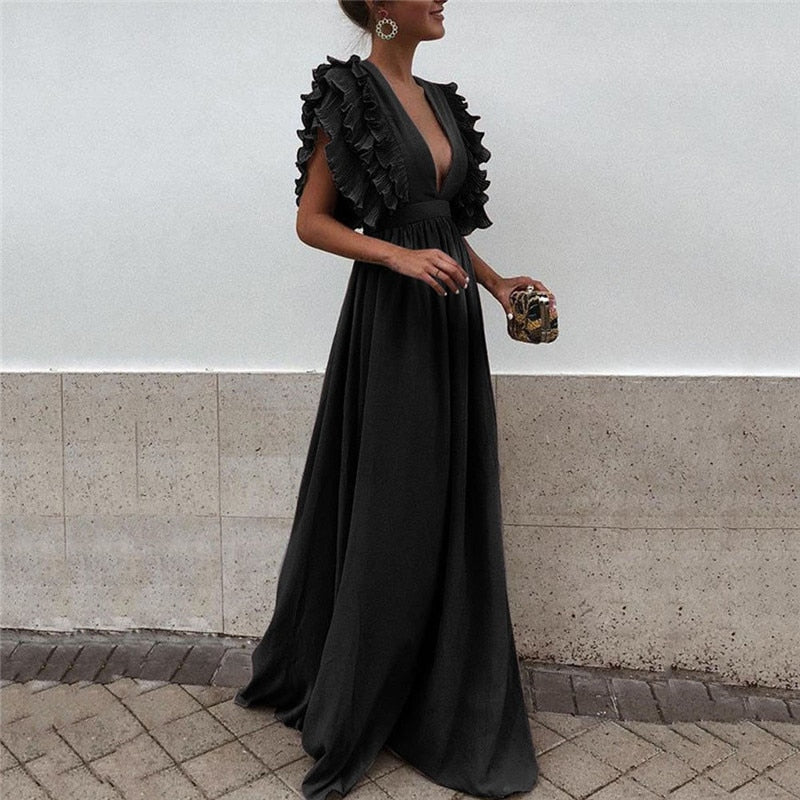 Marke Maxikleid mit Rüschenärmeln und V-Ausschnitt, elegant und vielseitig — Main Image