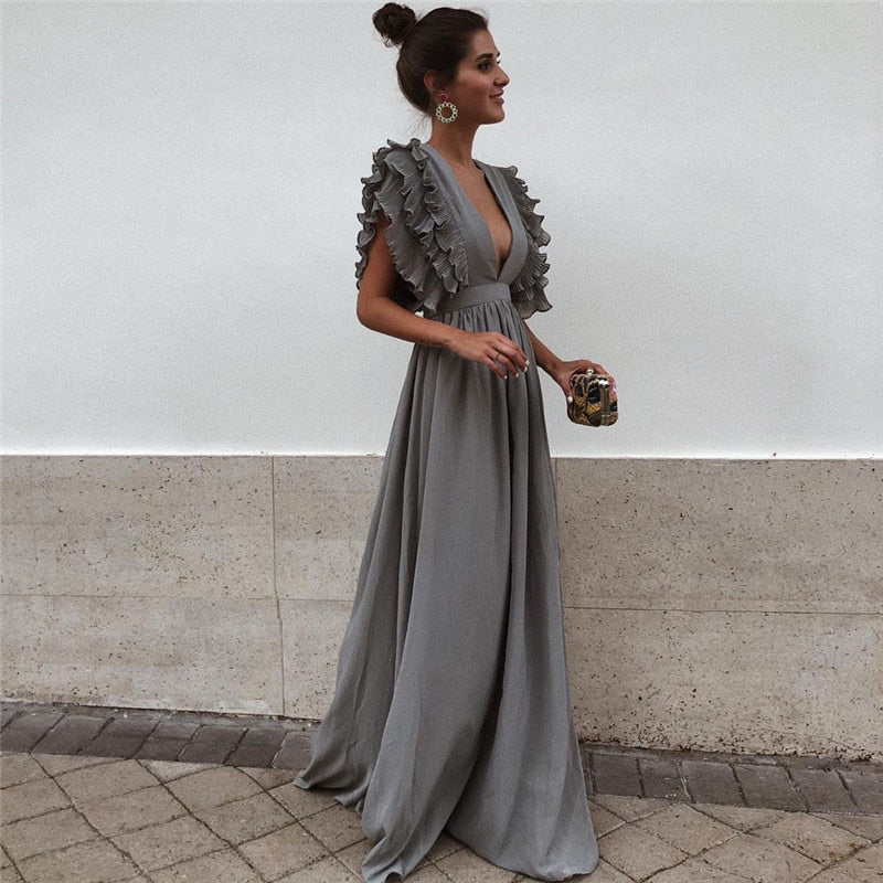 Marke Maxikleid mit Rüschenärmeln und V-Ausschnitt, elegant und vielseitig — Image 3
