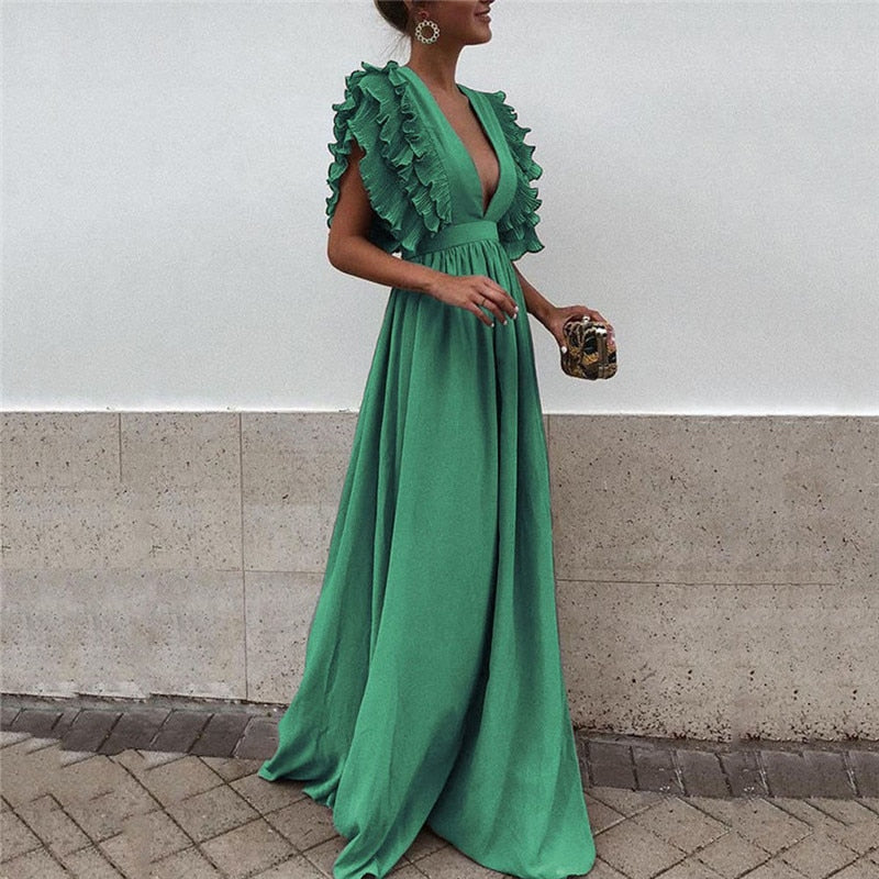 Marke Maxikleid mit Rüschenärmeln und V-Ausschnitt, elegant und vielseitig — Image 4