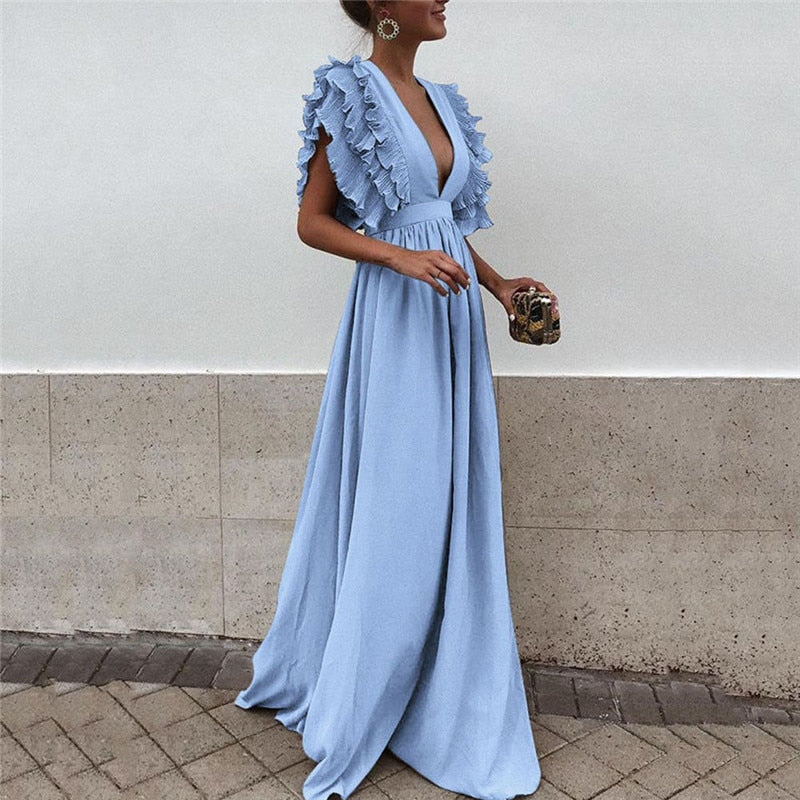 Marke Maxikleid mit Rüschenärmeln und V-Ausschnitt, elegant und vielseitig — Image 2