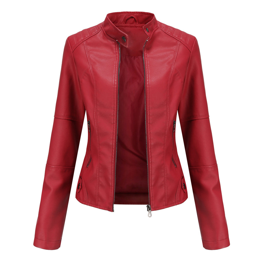 Marke Damen Bikerjacke Kunstleder Reißverschluss Stehkragen — Image 5