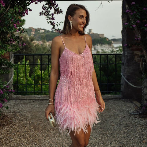 Glitzara Damen Paillettenkleid Fransen Federbesatz Party Elegant Sommer