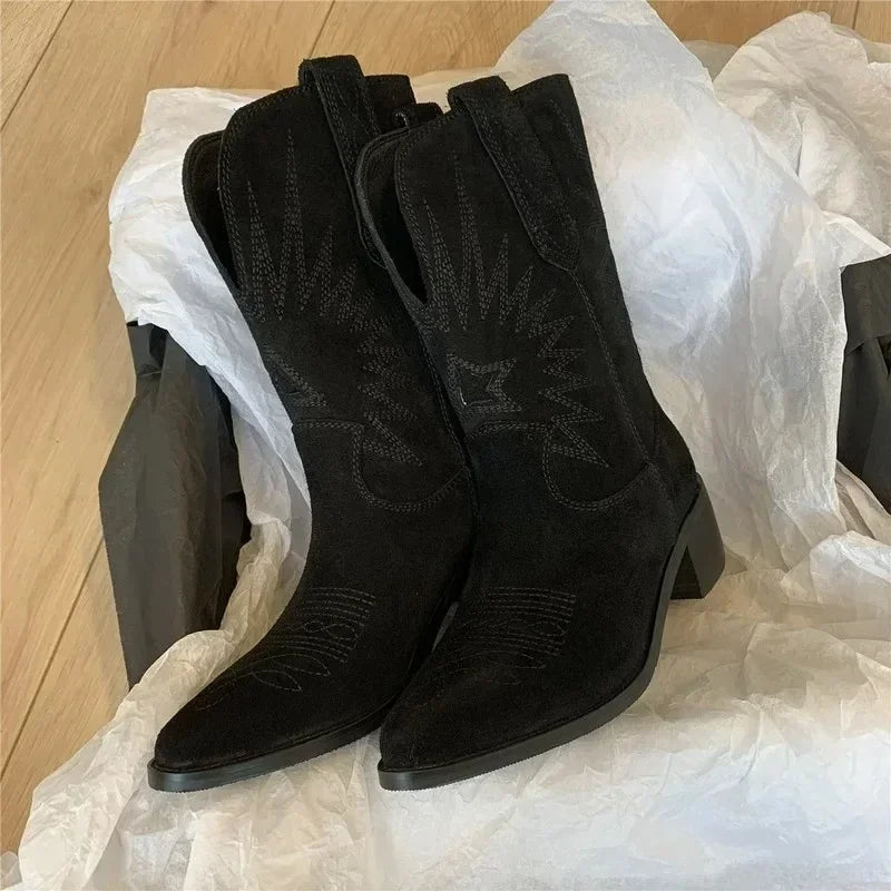 Marke Damen Cowboy Stiefel Wildleder Westernstiefel Braun Schwarz Stickerei Blockabsatz — Image 4