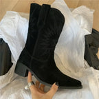 Marke Damen Cowboy Stiefel Wildleder Westernstiefel Braun Schwarz Stickerei Blockabsatz — Image 5