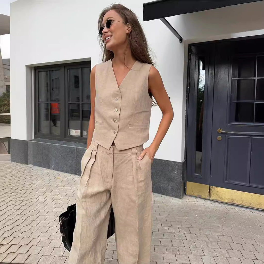 Marke Damen Leinenanzug mit Weste und Hose, elegantes Design — Image 2