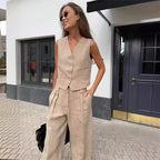 Marke Damen Leinenanzug mit Weste und Hose, elegantes Design — Image 2