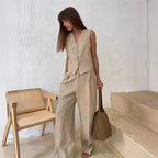 Marke Damen Leinenanzug mit Weste und Hose, elegantes Design — Image 3