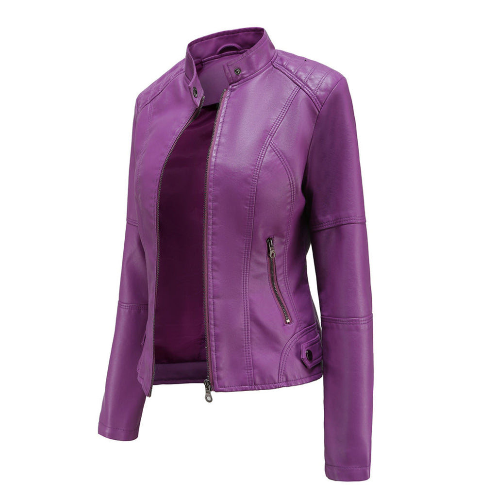 Marke Damen Bikerjacke Kunstleder Reißverschluss Stehkragen — Image 9