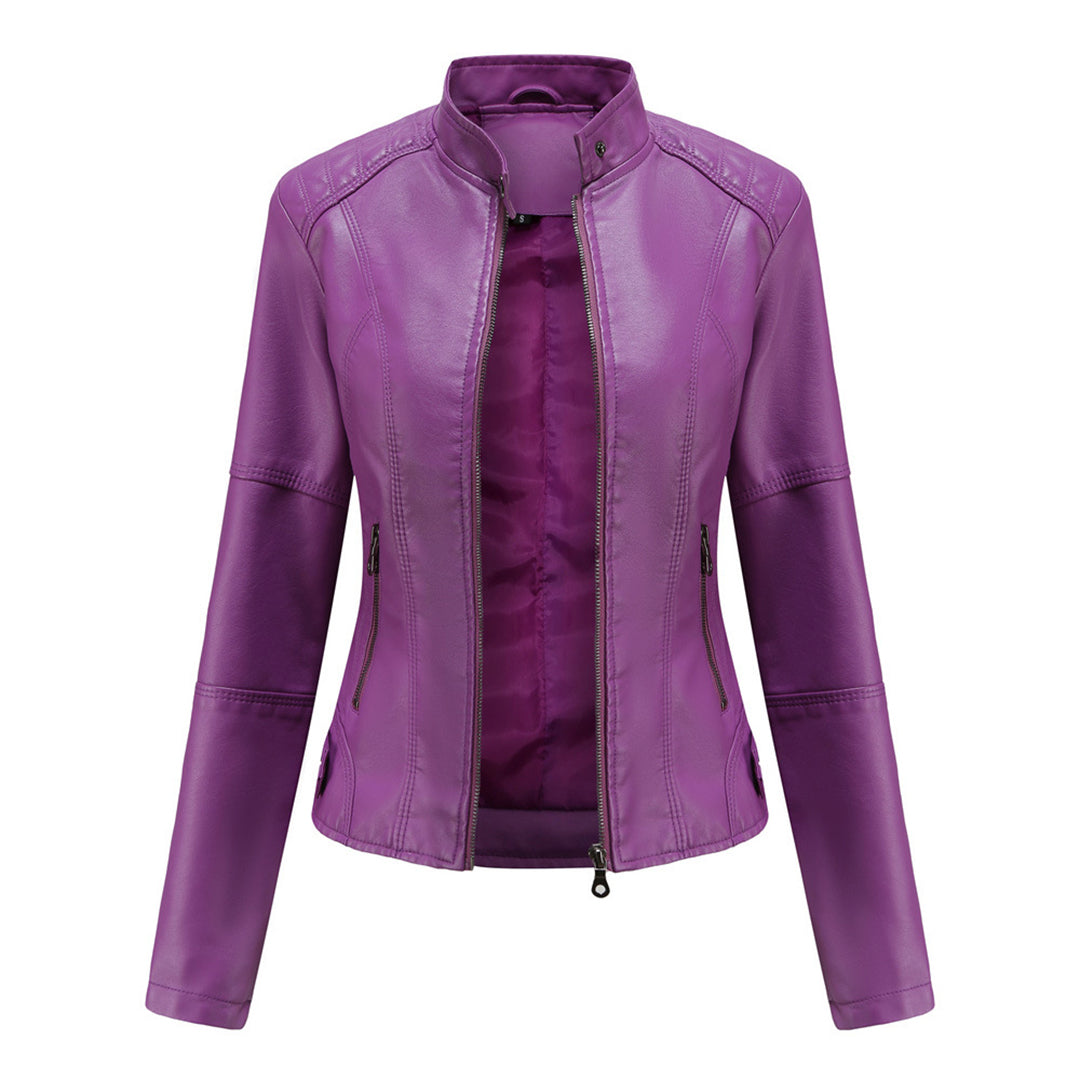 Marke Damen Bikerjacke Kunstleder Reißverschluss Stehkragen — Image 4
