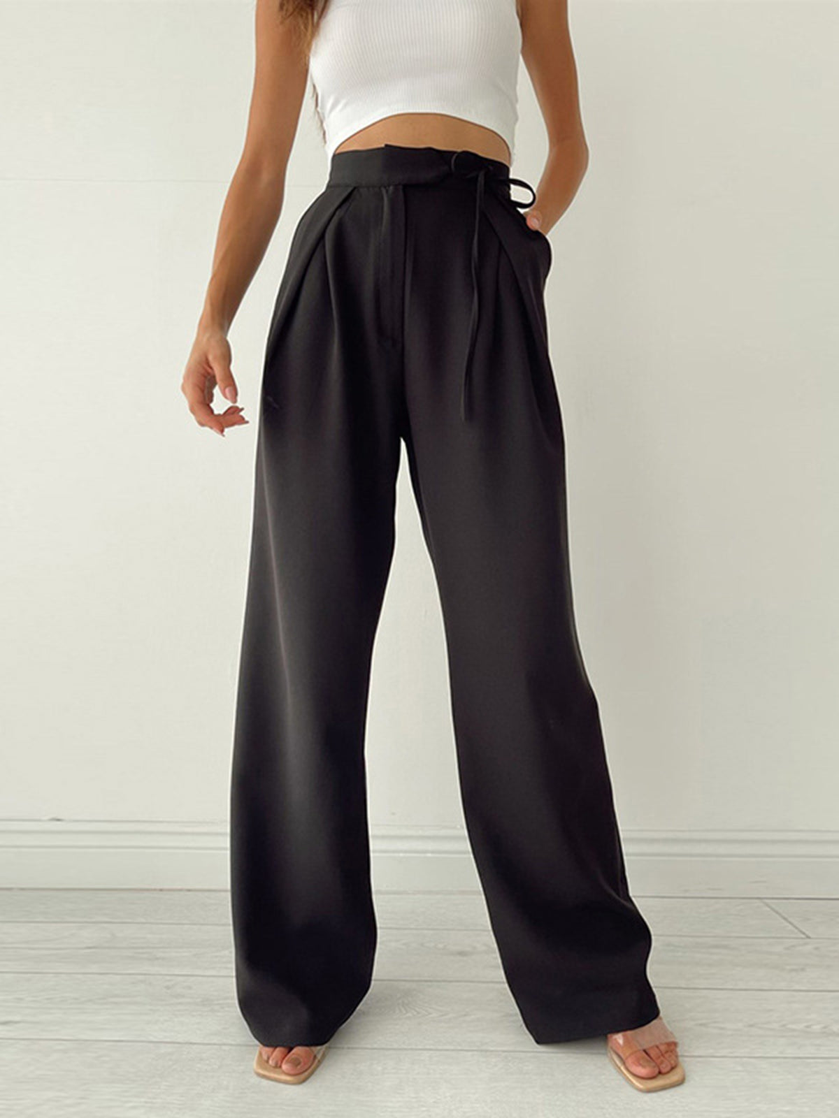 Marke Damen-Hose mit hoher Taille und weitem Bein, Beige und Schwarz — Image 2