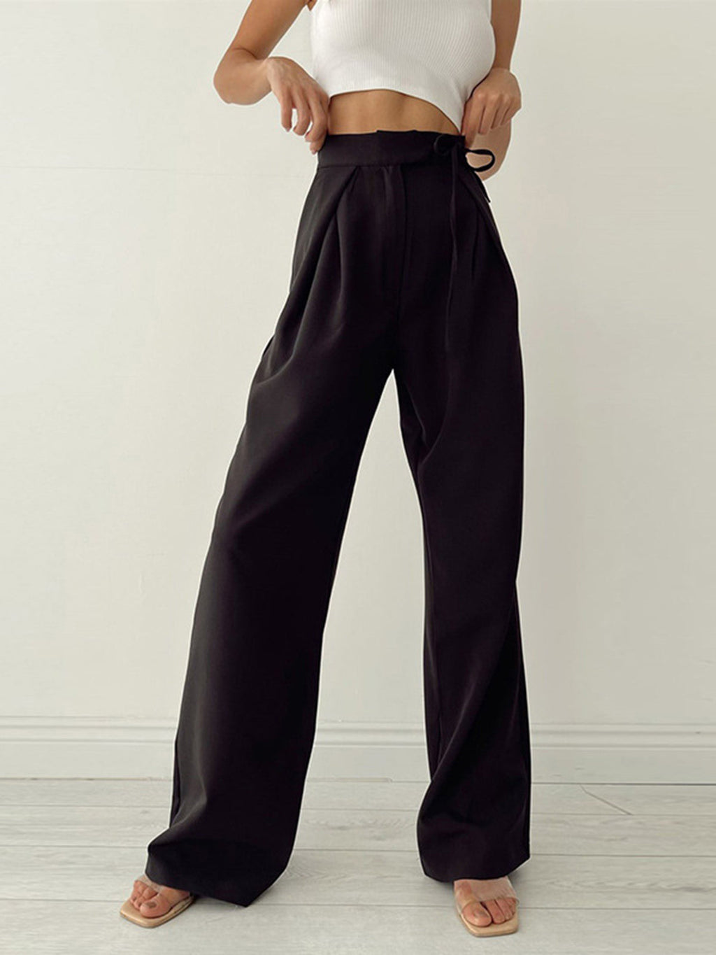 Marke Damen-Hose mit hoher Taille und weitem Bein, Beige und Schwarz — Image 6