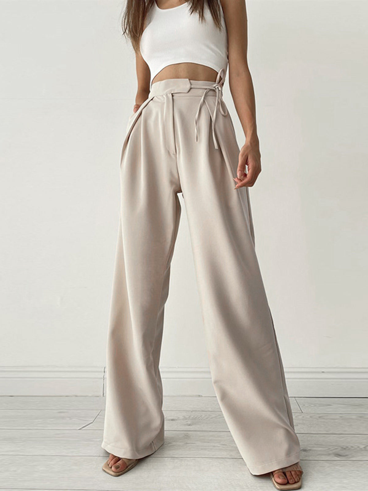 Marke Damen-Hose mit hoher Taille und weitem Bein, Beige und Schwarz — Main Image