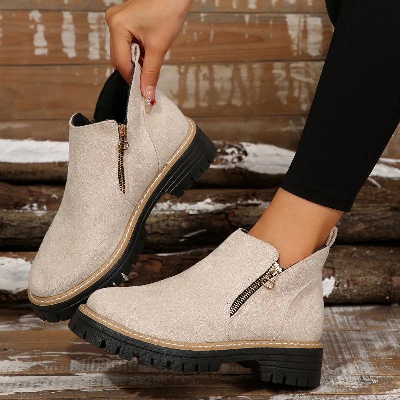 Damen Chelsea Boots Wildleder Schwarz Grau Beige Reißverschluss Profilsohle — Image 3