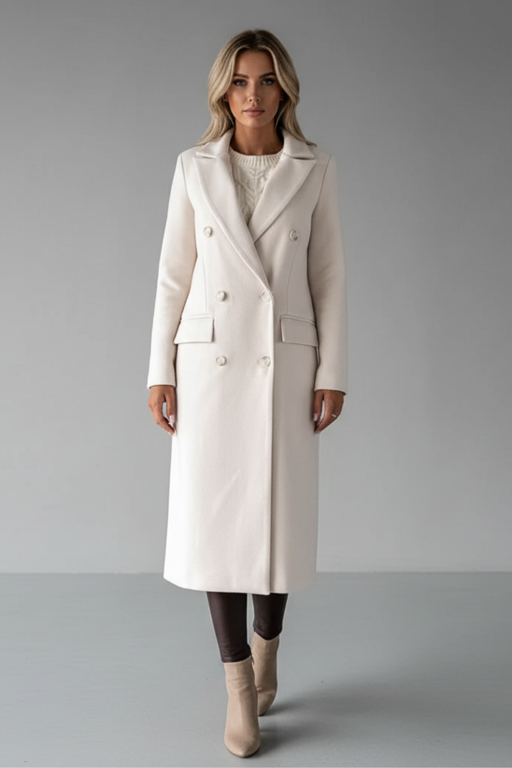 Marke Damen-Wollmantel Doppelt Geknöpft, Mittellang, Beige, Schwarz, Camel — Image 4