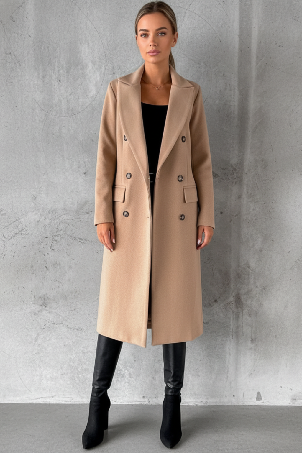 Marke Damen-Wollmantel Doppelt Geknöpft, Mittellang, Beige, Schwarz, Camel — Image 6