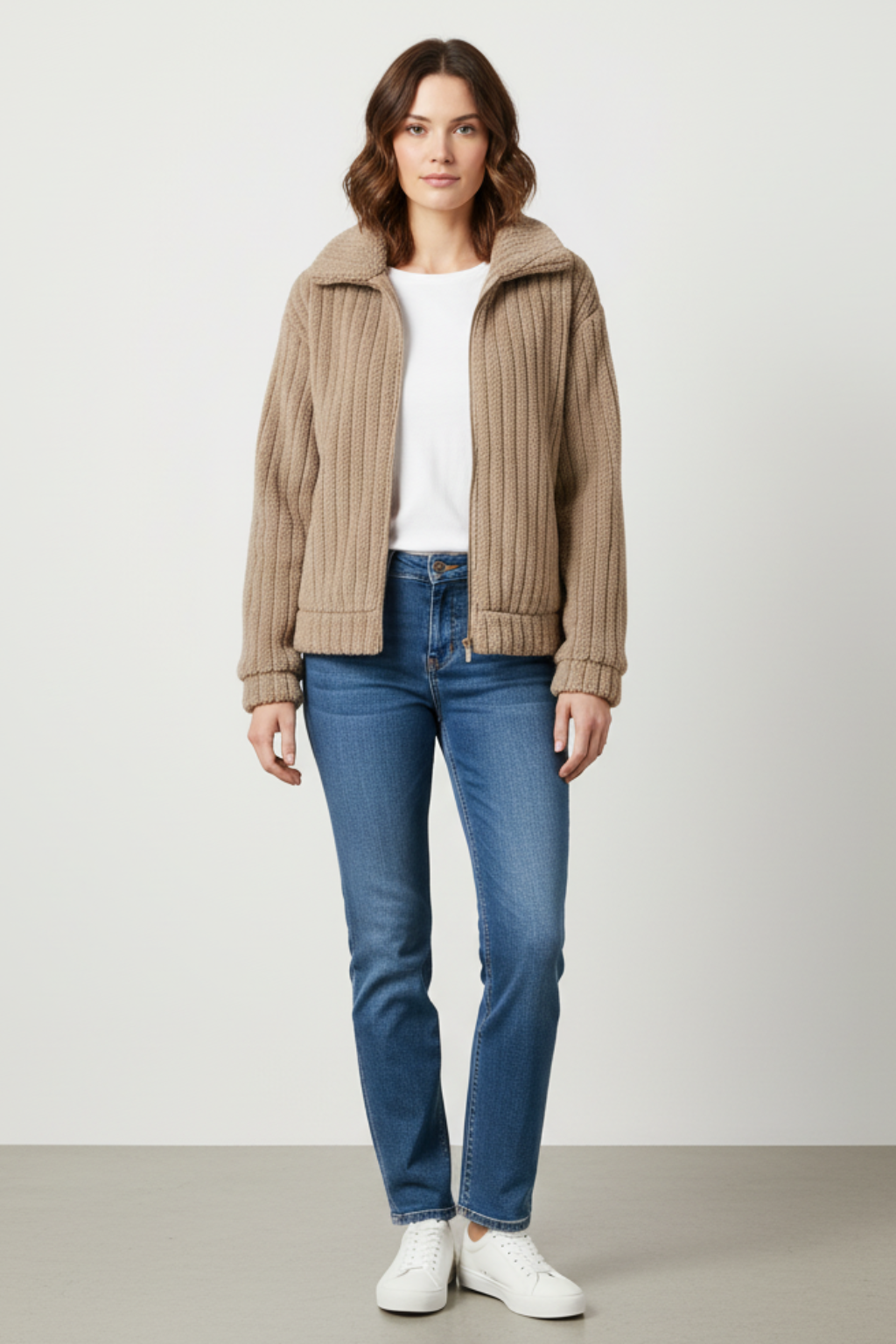 Marke Damen-Strickjacke mit Reißverschluss, gerippt, beige — Image 10