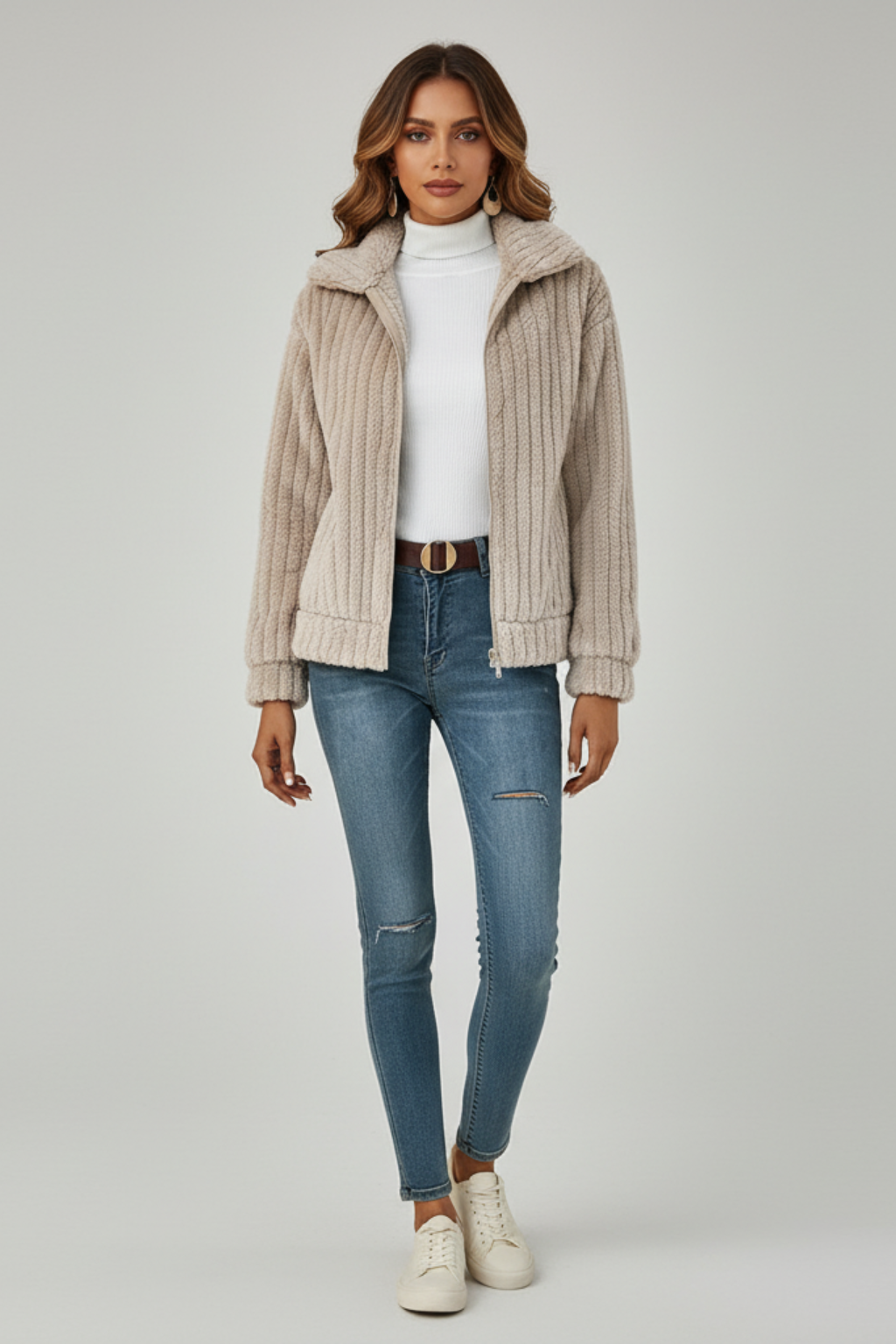 Marke Damen-Strickjacke mit Reißverschluss, gerippt, beige — Image 6