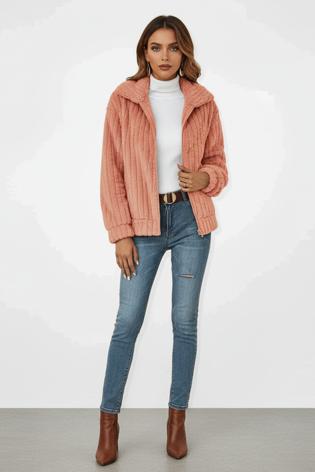 Marke Damen-Strickjacke mit Reißverschluss, gerippt, beige — Image 9