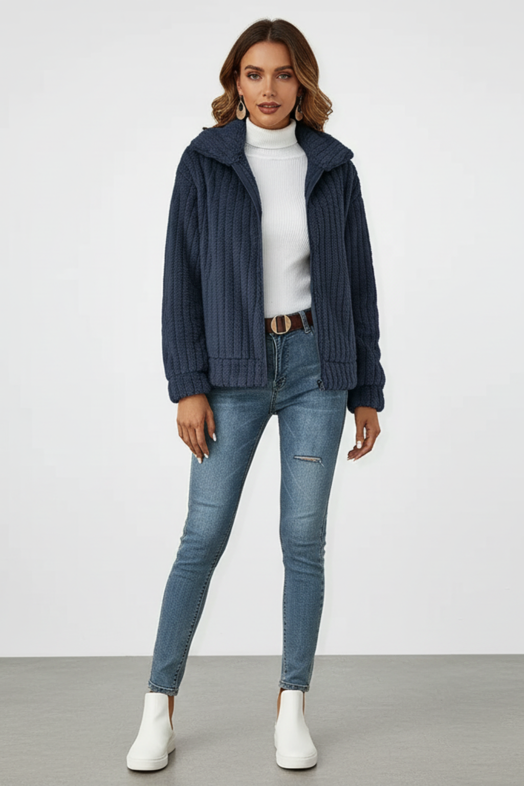 Marke Damen-Strickjacke mit Reißverschluss, gerippt, beige — Image 7