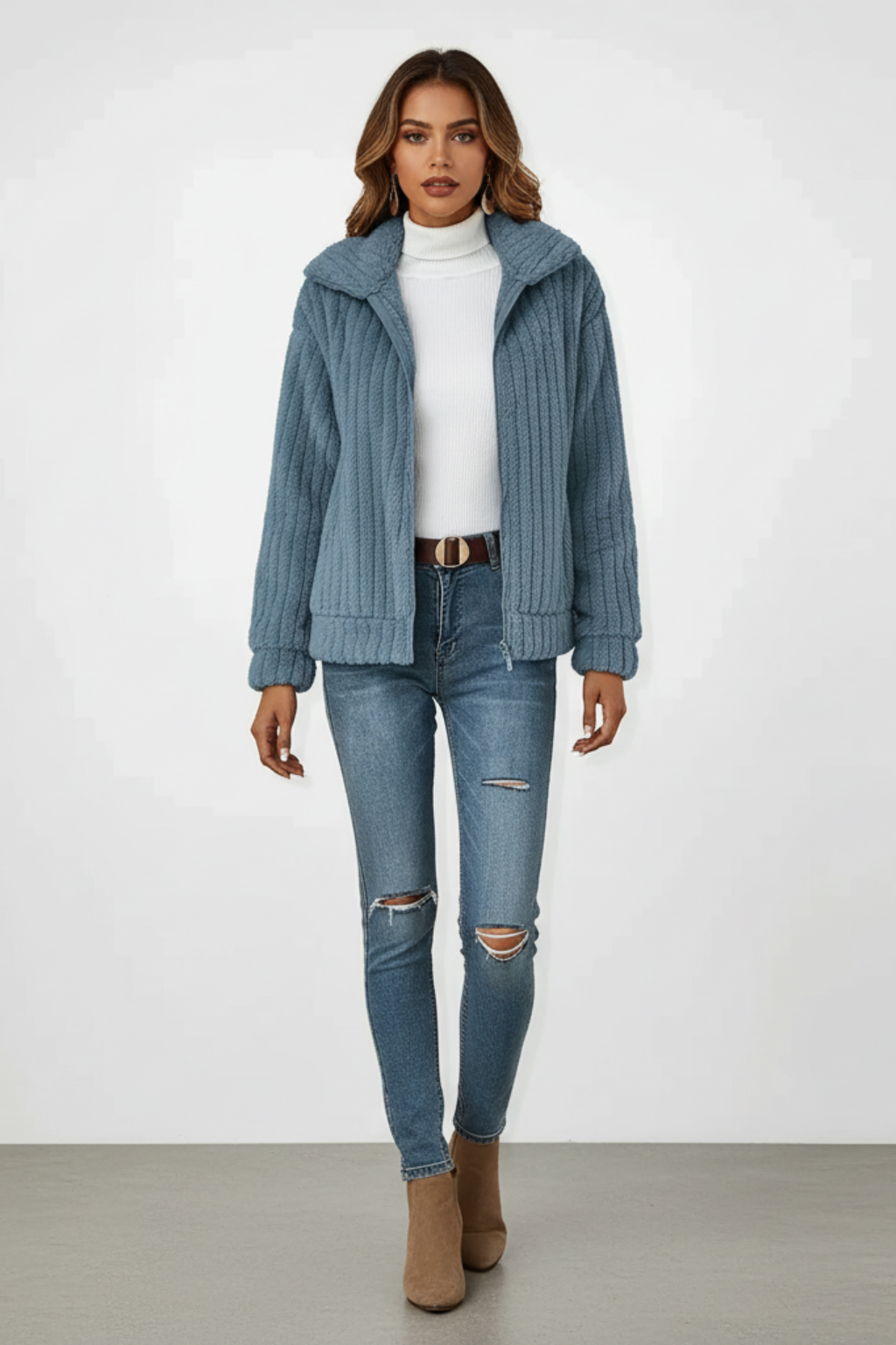 Marke Damen-Strickjacke mit Reißverschluss, gerippt, beige — Image 8