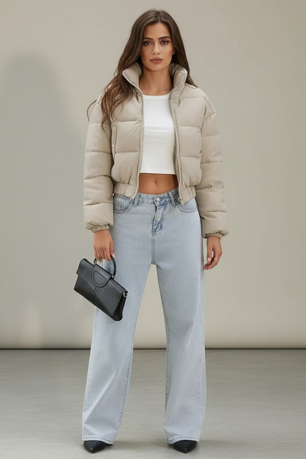 Damen Cropped Pufferjacke Warme Wattierte Kurze Winterjacke