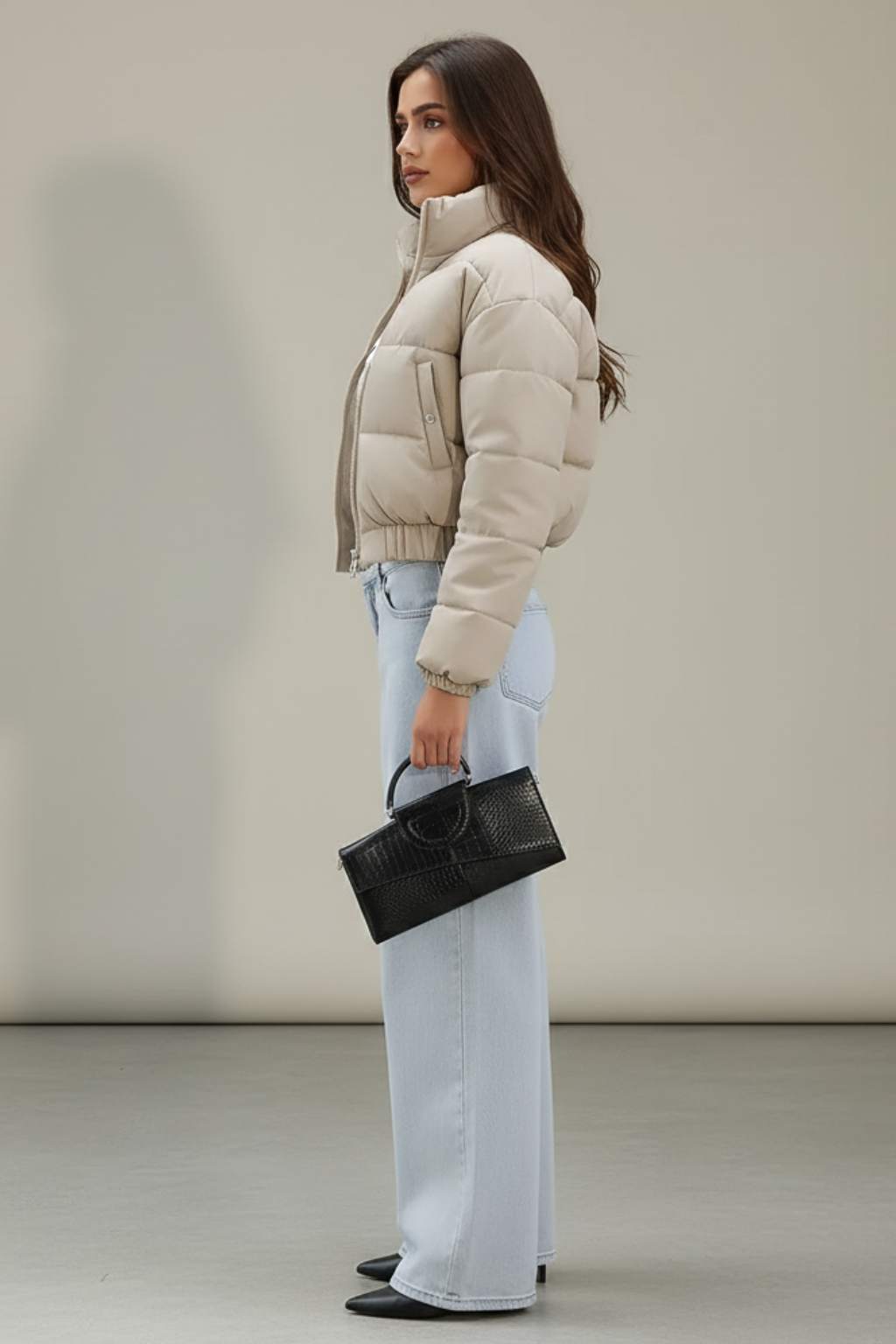 Damen Cropped Pufferjacke Warme Wattierte Kurze Winterjacke