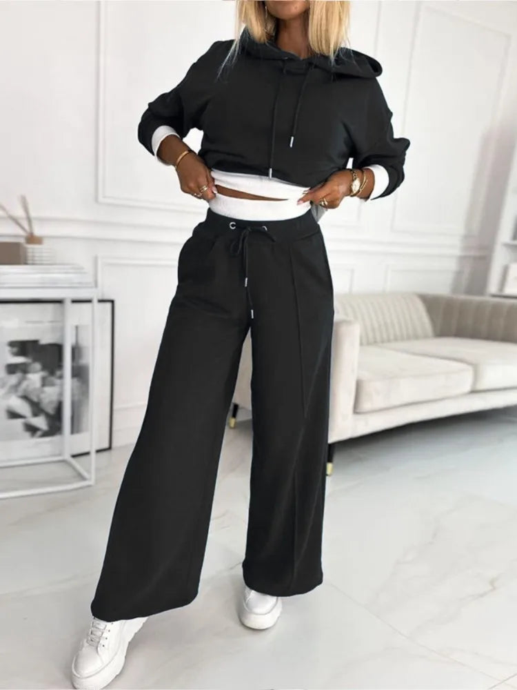 Marke Damen Hoodie-Set mit weitem Bein und Kordelzug, Grau — Image 7